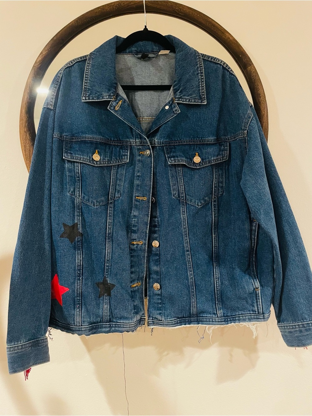 Divided Blue Denim Jacket with Star Patches up cycled Kansas City Chiefs jacket